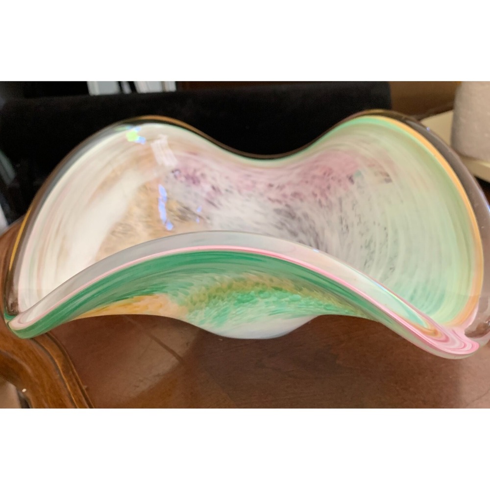 Vintage Murano Hand Blown Glass Centerpiece Bowl Pastel‎ Pink Orange Green Swirl